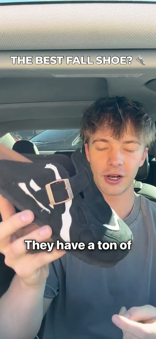 A finished AutoCut video: a creator showing a pair of clogs, with captions and the banner “The best fall shoe?”